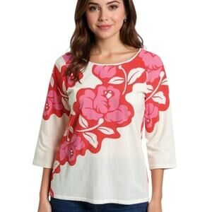 Talbots 3/4 Sleeve Tee Wmn's Plus Sx X White Red Pink Floral Boat Neck Pullover